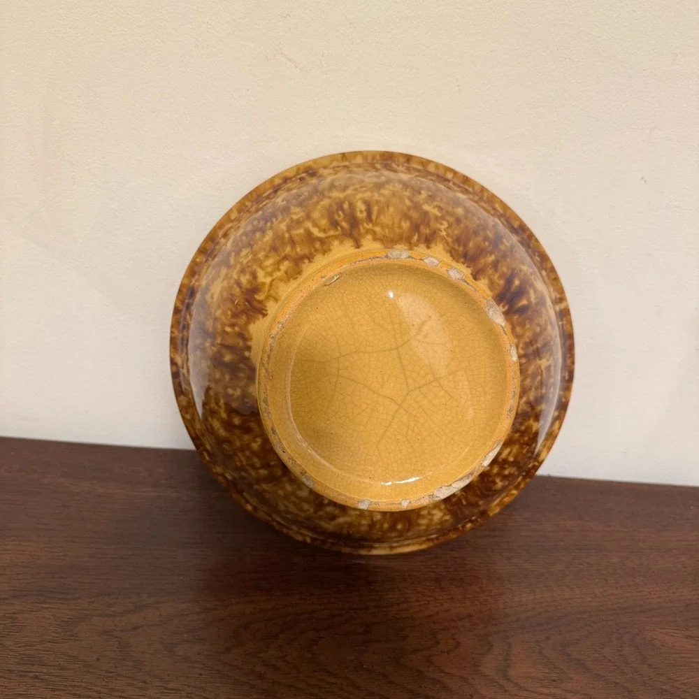 Antique Vintage Rockingham Spongeware Yellowware Mixing Bowl 10.5 in Brown Glaze